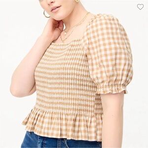 J Crew Gingham Square neck Puff Sleeve Top - Tan